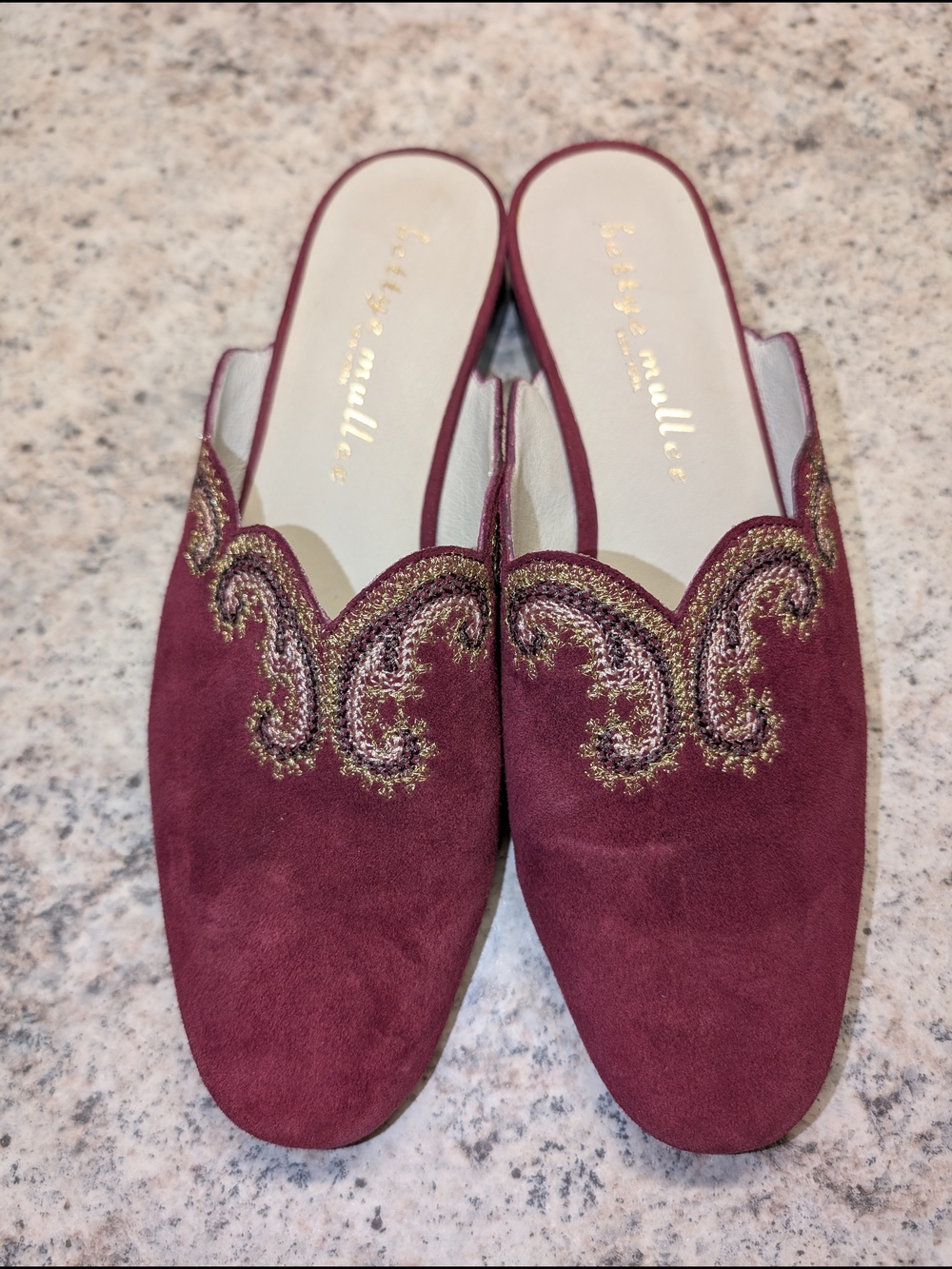 Bettye Muller Fortune Embroidered Wine Suede Slip-On Mules